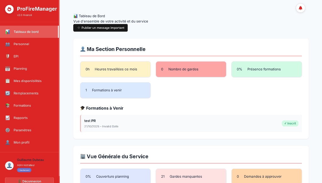 Tableau de bord ProFireManager
